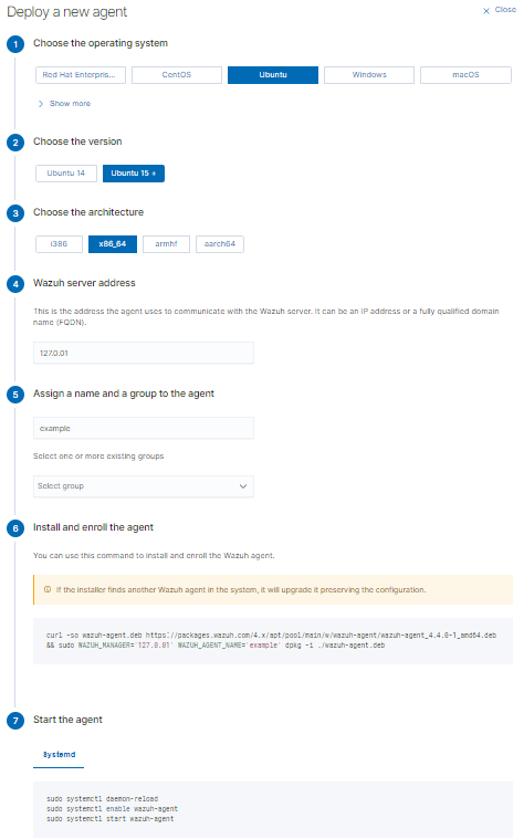 Wazuh deploy agent page